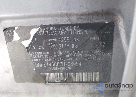 2007 Hyundai Sonata Gls from USA, damaged, VIN 5NPET46C87H296954